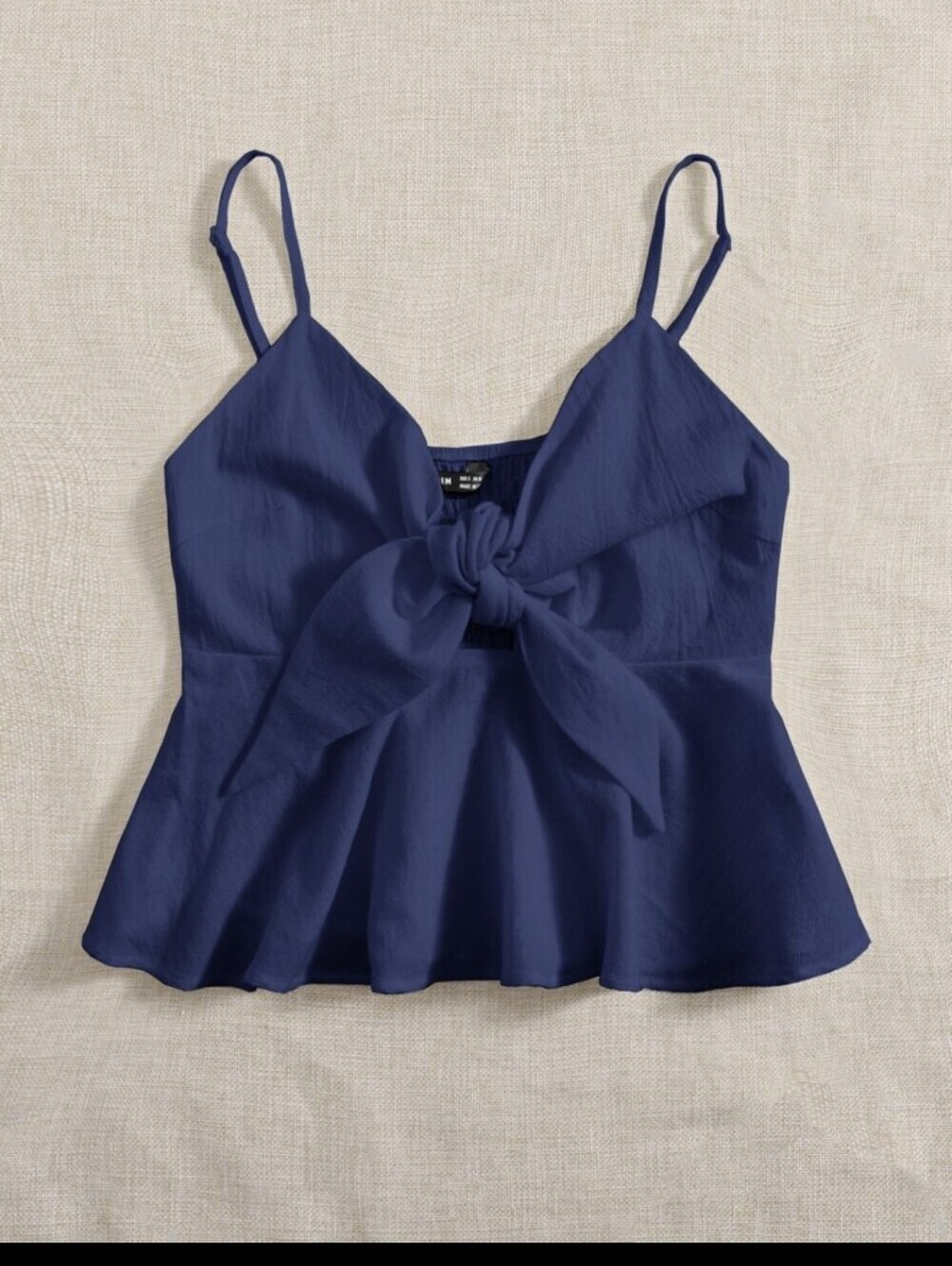 Women Tie-Front Shirred Back Navy Blue Peplum Cotton Cami Top Size Extra Small